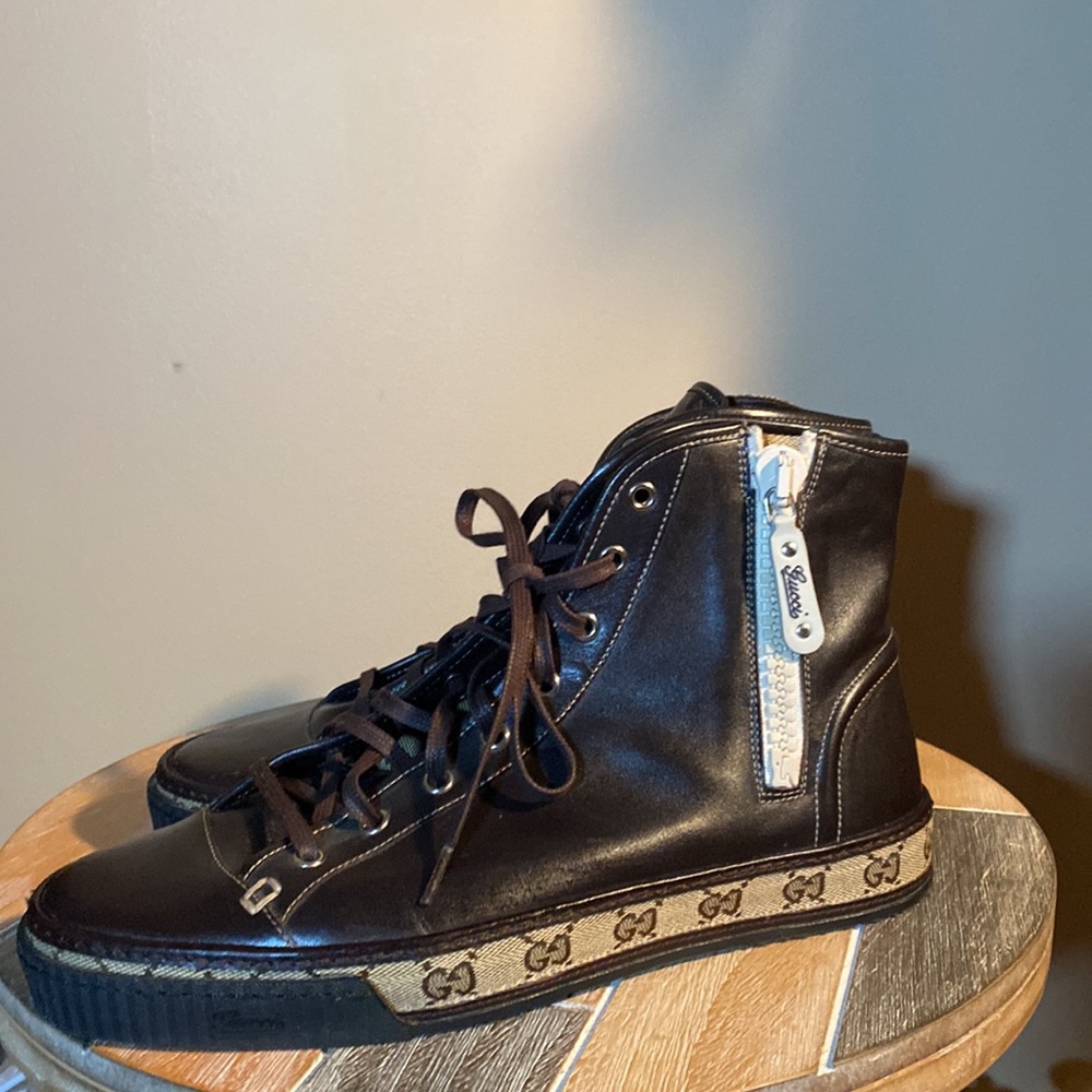 Mens Brown Vintage Gucci Hightop Leather Sneakers Size 9. - Picture 4 of 9